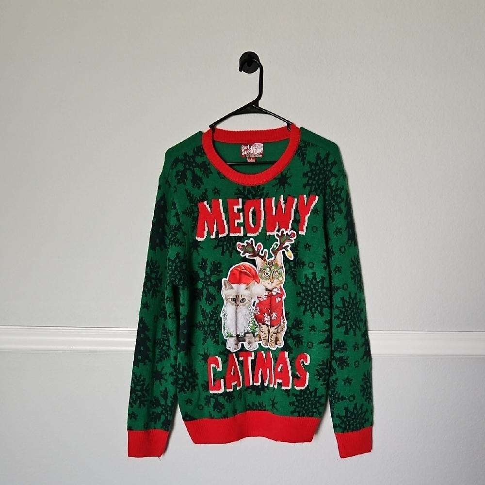 Party Sweater Ugly Christmas Meowy Catmas Green Red Crewneck Long Sleeve L